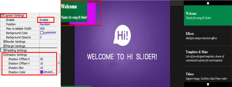 Change Settings of Caption Shadow of jQuery Slider in Hi Sider