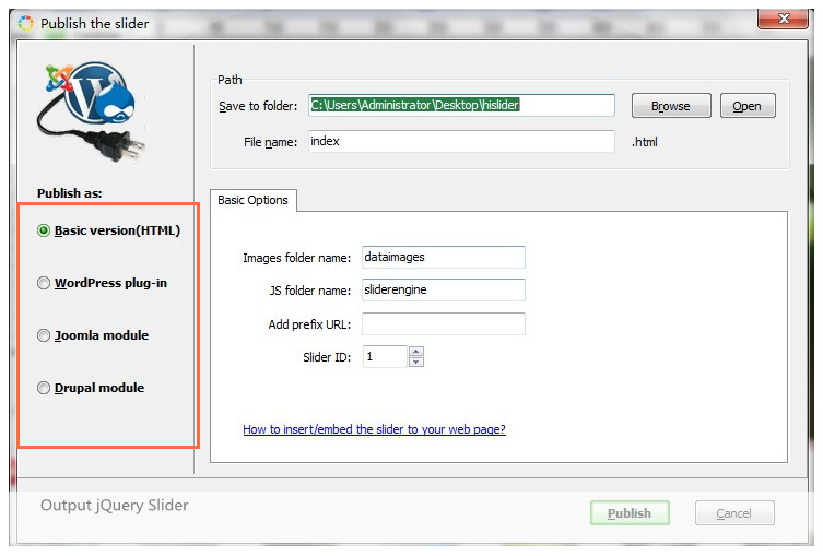 Publish HTML jQuery Slider Creator