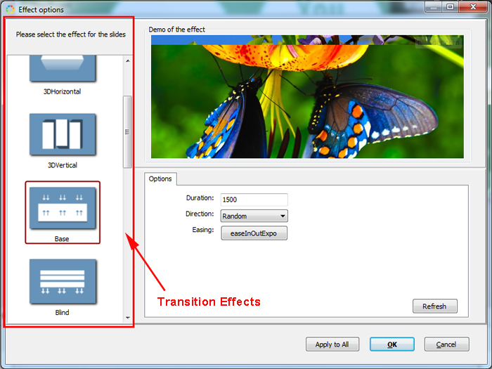 choose transition effect for image slider